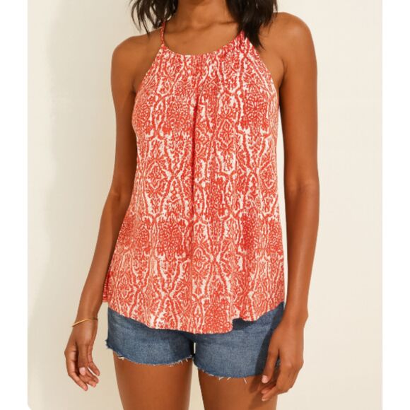 Joie Women’s M Sleeveless Orange White Printed Tank Top Blouse High Neck - Picture 1 of 8